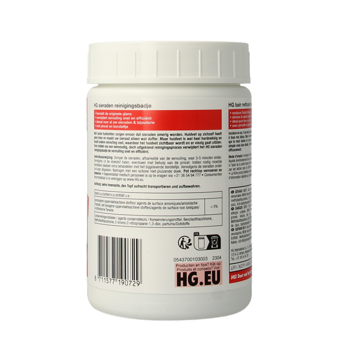 HG Sieraden reinigingsbad in a 300ml bottle, a jewelry cleaning solution from HG for sparkling, clean jewelry.