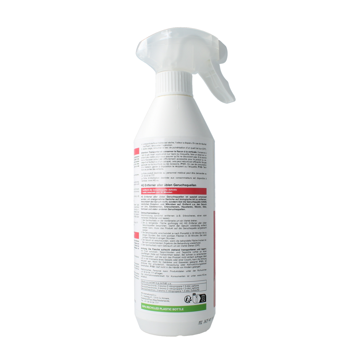HG Alle nare geurtjes weg spray in 500ml bottle, effective air freshener and odor eliminator for cleaning and freshening spaces.