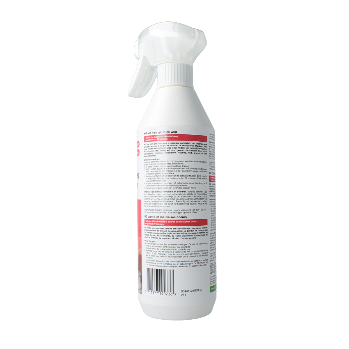 HG Alle nare geurtjes weg spray in 500ml bottle, a cleaning spray to eliminate unpleasant odors effectively.