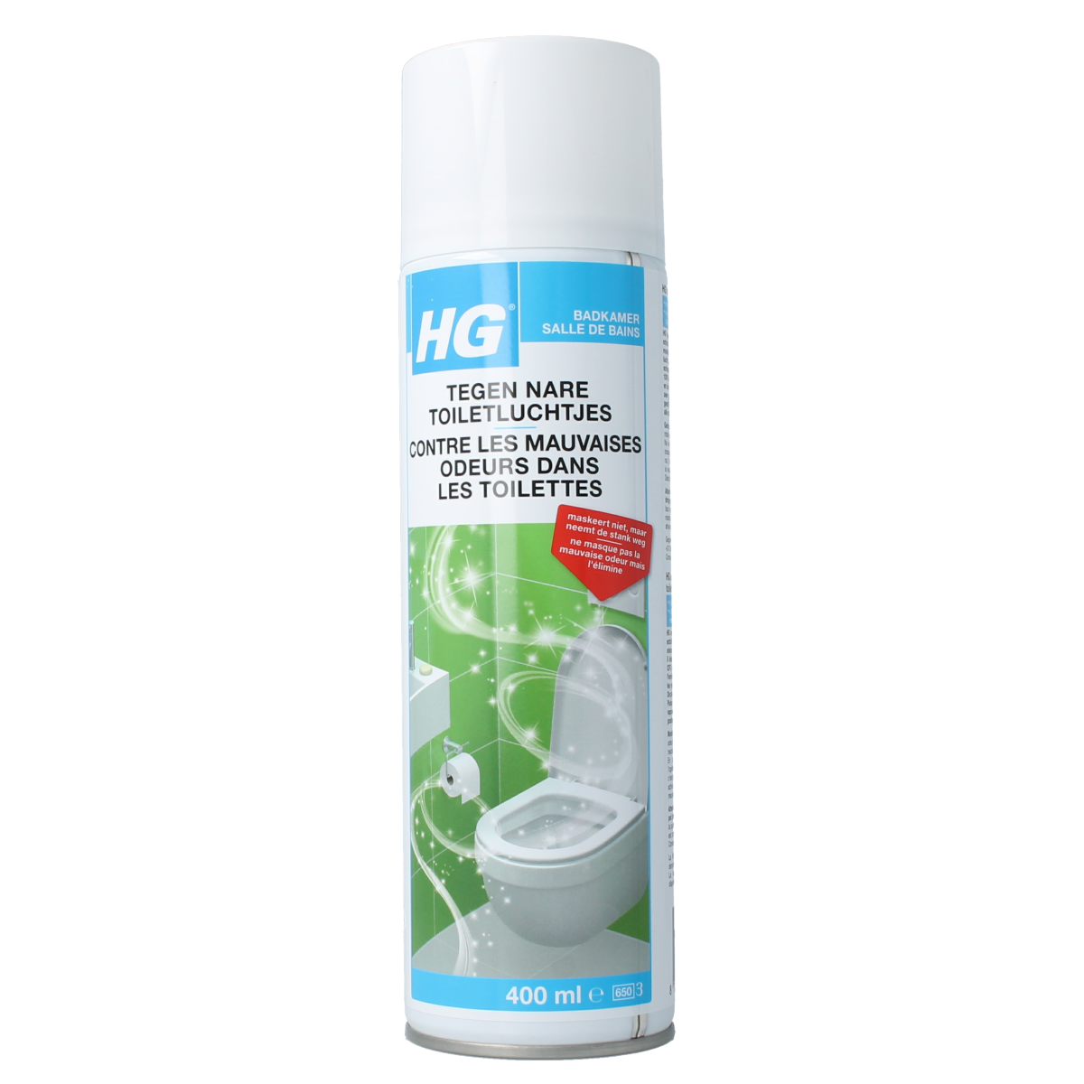 HG Tegen nare toiletluchtjes cleaning product bottle, 400ml, with label and cap, designed for toilet odor elimination.