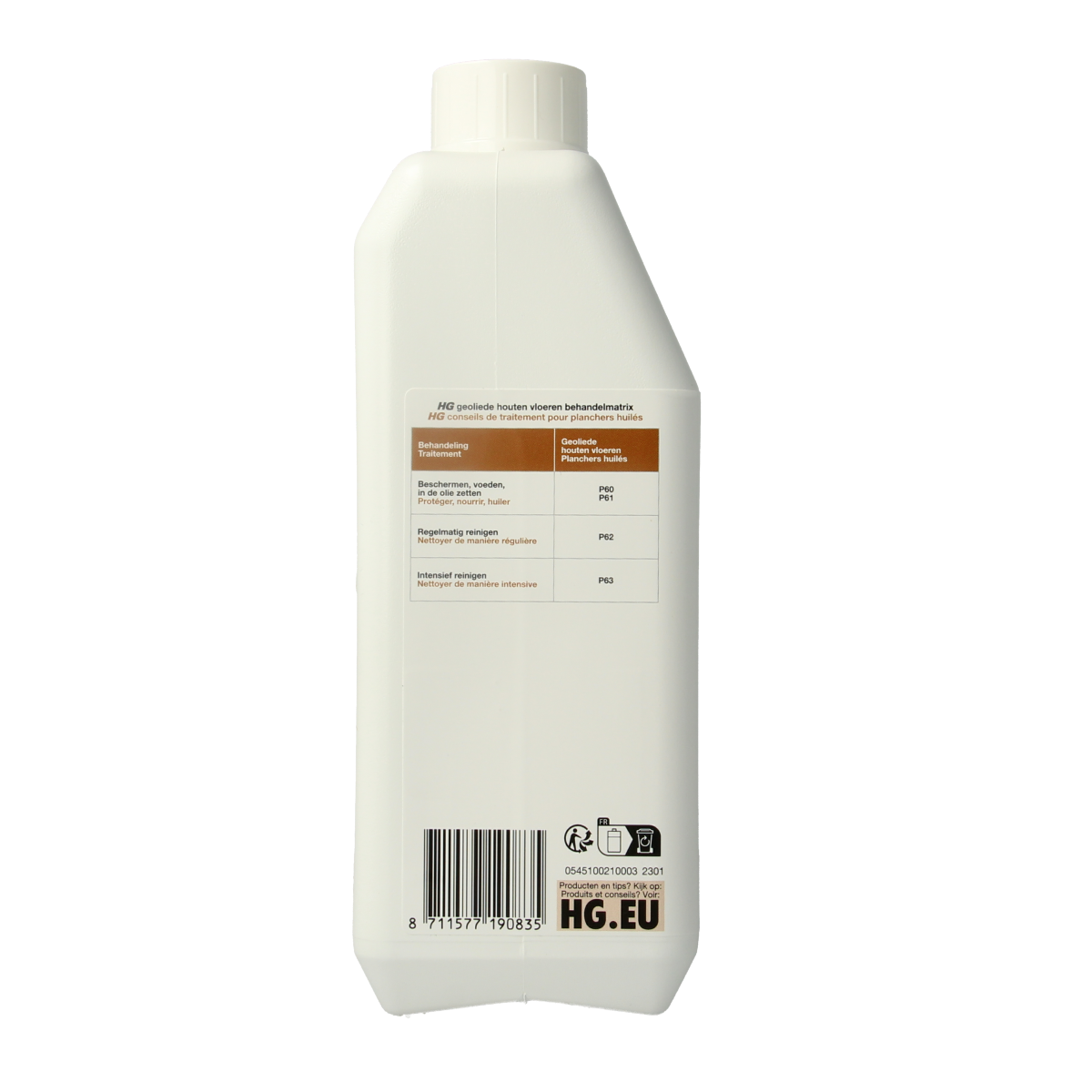 HG Hout Vloerolie 1L bottle, a cleaning product for wooden floors, with a clear label and cap, shown in a close-up image.