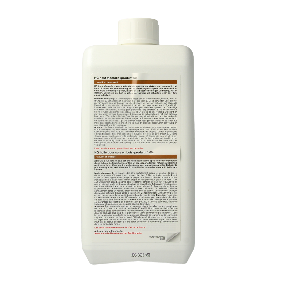 HG Hout Vloerolie 1 Liter bottle, used for wood floor cleaning and protection, with a clear label and cap.