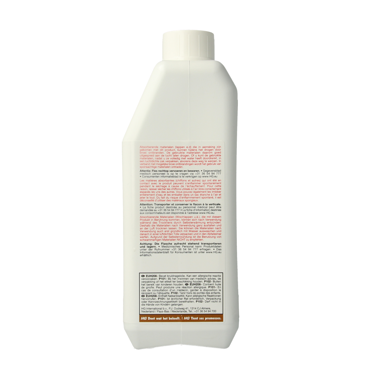 HG Hout Vloerolie 1L container, natural wood floor oil for cleaning and protection, with a close-up of the product bottle.