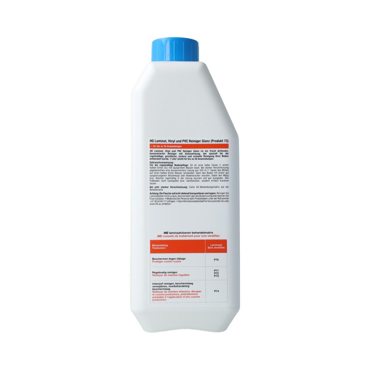 HG Laminaatreiniger glans 1 liter bottle, cleaning product for laminate surfaces, with a clear label and cap in the image.