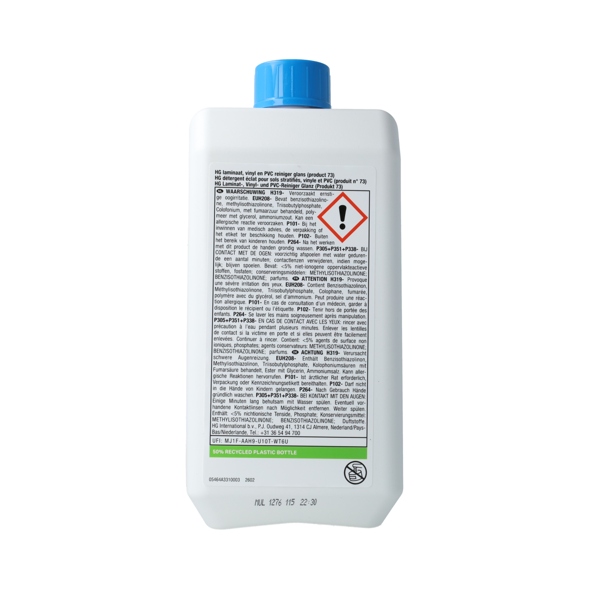 HG Laminaatreiniger glans 1 liter bottle for cleaning laminate surfaces, featuring a clear label and spray nozzle.