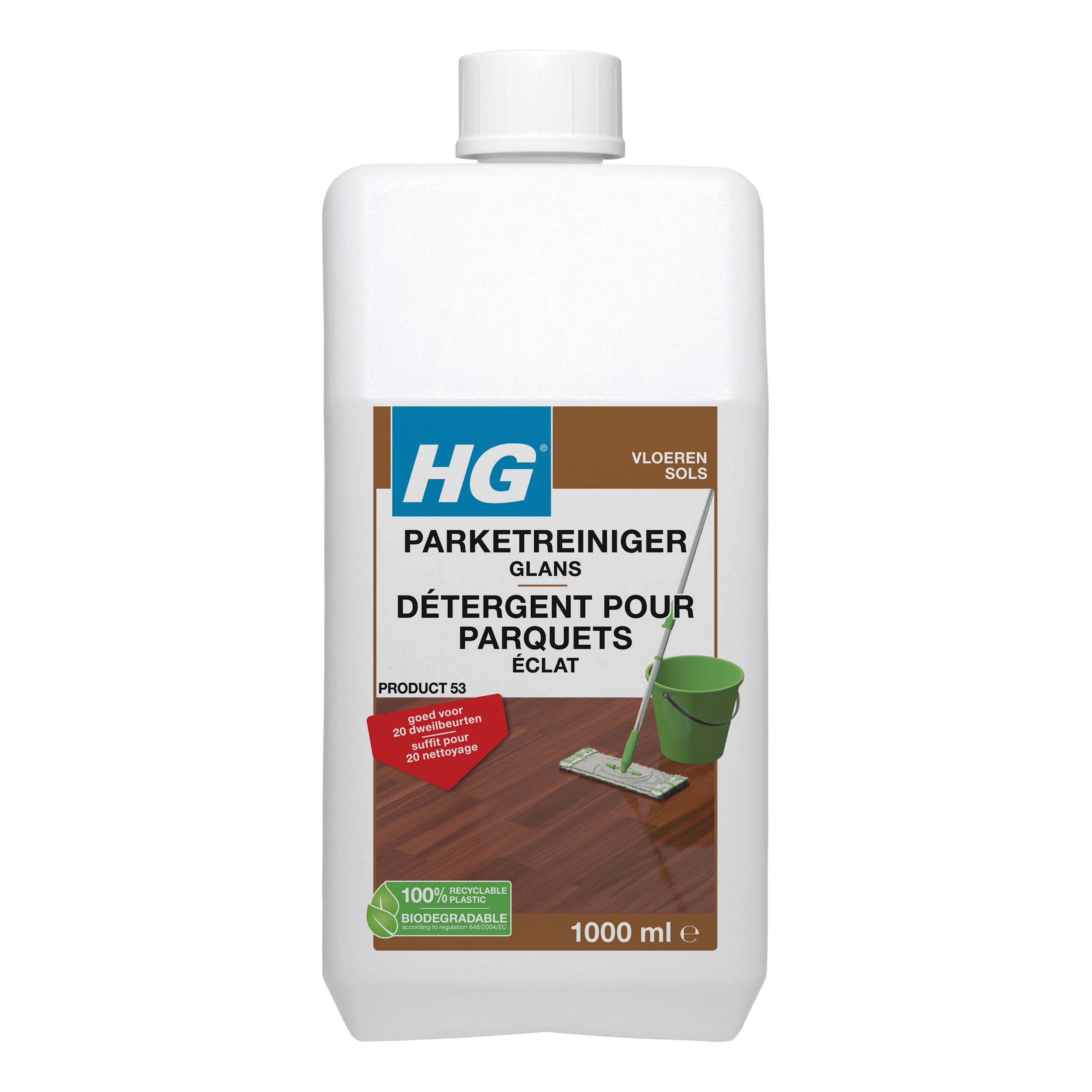 HG Parketreiniger glans 1.00 liter, cleaning product for hardwood floors with a white and green bottle, designed to enhance shine.
