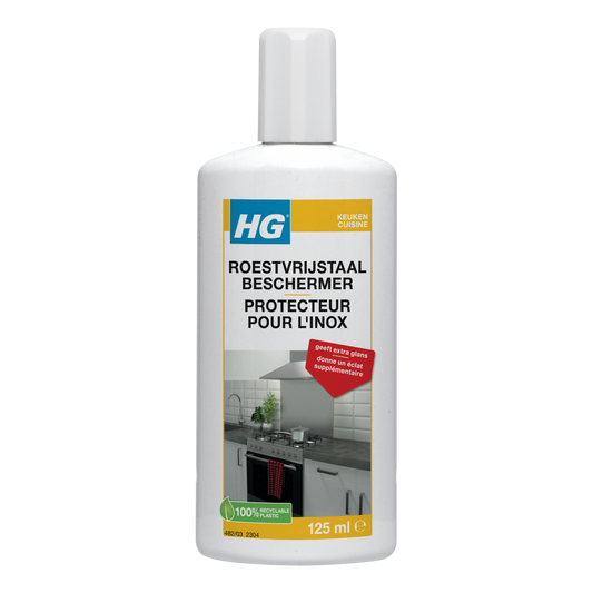 HG stainless steel quick shine cleaner in a 125ml bottle, ideal for polishing and maintaining shiny stainless steel surfaces.
