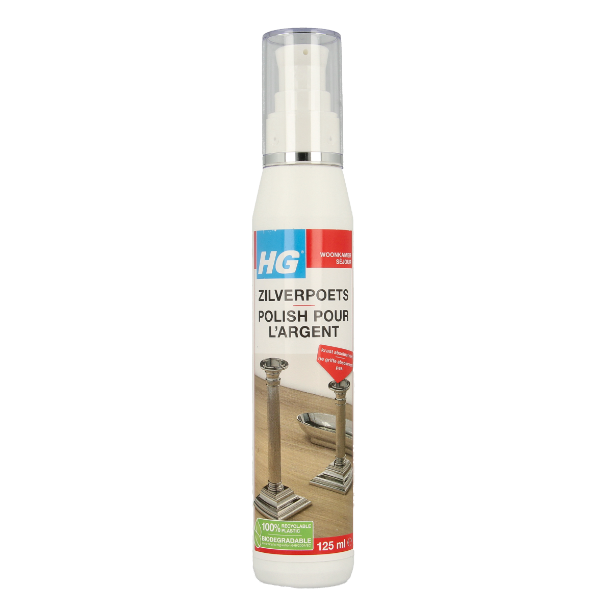 HG Zilverpoets cleaner in a 125ml bottle, designed for polishing and cleaning silver jewelry and tableware.