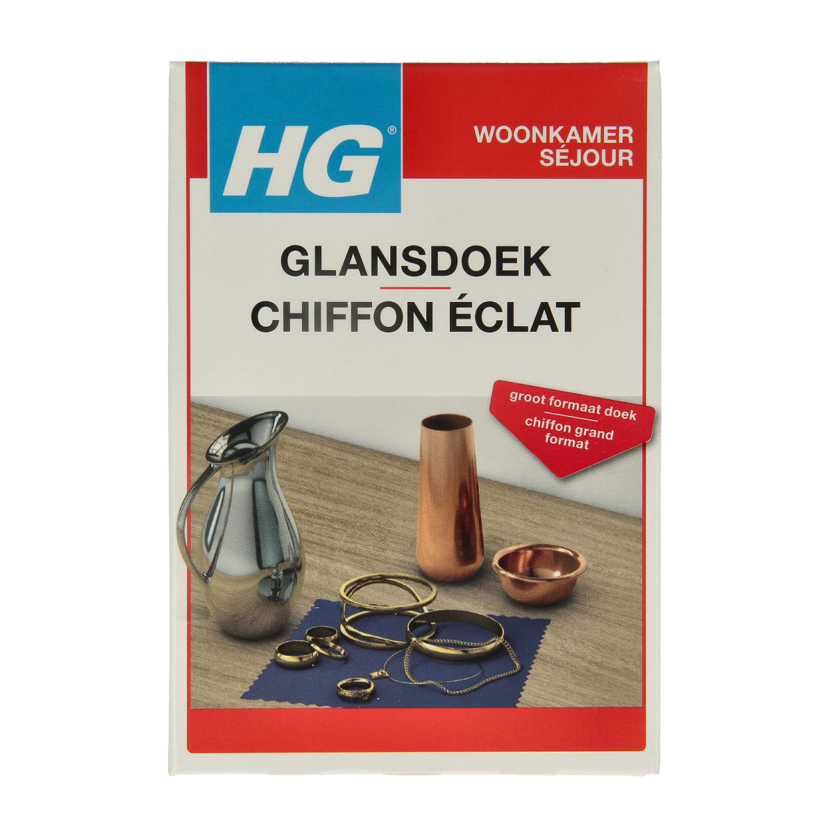 HG Zilver glansdoek for cleaning, showing a silver polishing cloth in use on metallic surfaces.