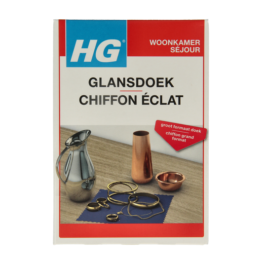 HG Zilver glansdoek for cleaning, showing a silver polishing cloth in use on metallic surfaces.