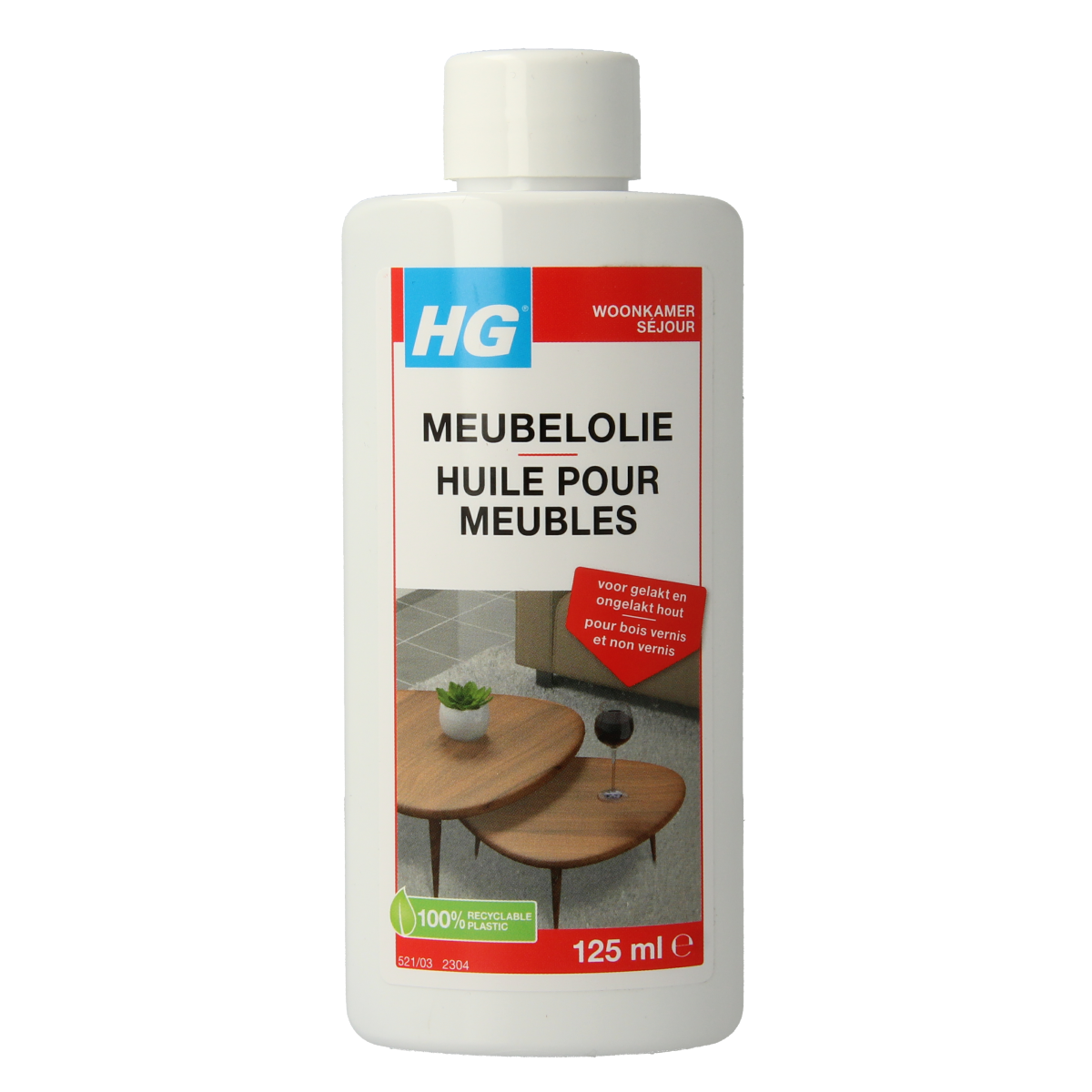 HG Meubelolie eiken 125ml bottle, cleaning and care product for oak furniture, with a clear label and packaging.