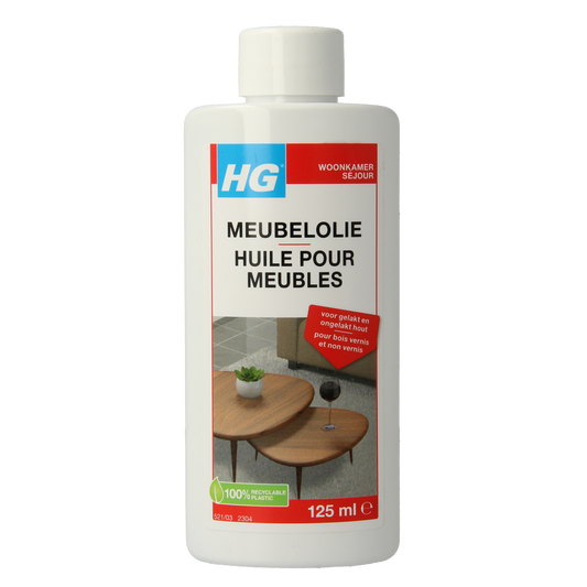 HG Meubelolie eiken 125ml bottle, cleaning and care product for oak furniture, with a clear label and packaging.
