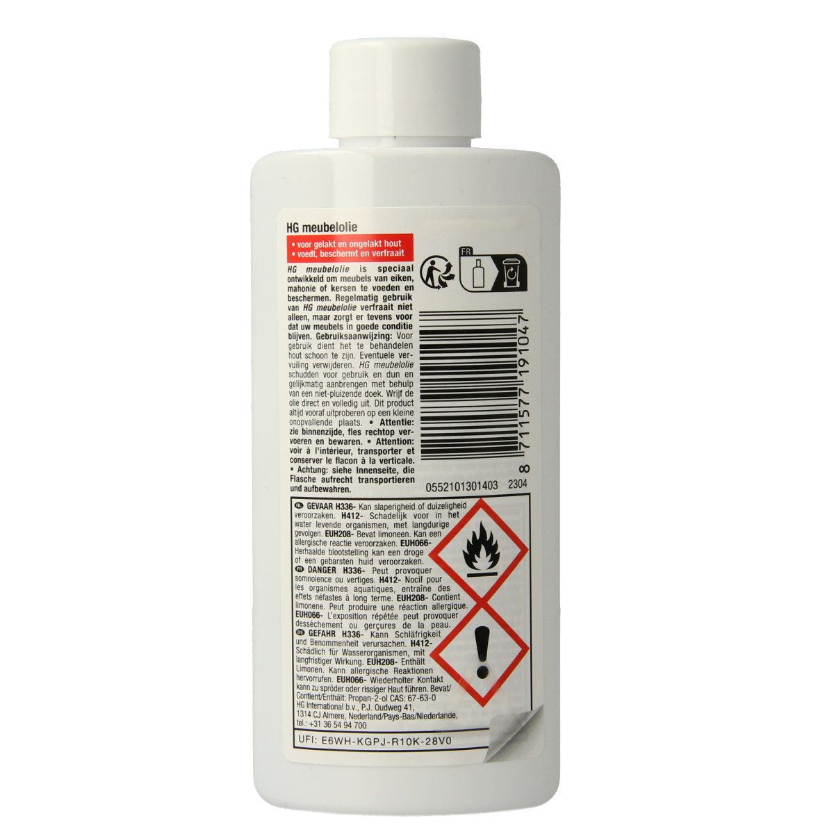 HG Meubelolie eiken wood polish in 125ml bottle, ideal for cleaning and nourishing oak furniture.