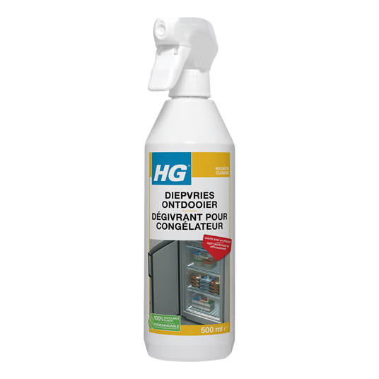 HG diepvries ontdooier bottle, 500ml, for cleaning and defrosting appliances, in a clear plastic container with label.