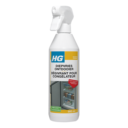 HG diepvries ontdooier bottle, 500ml, for cleaning and defrosting appliances, in a clear plastic container with label.