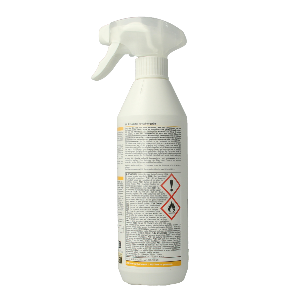 HG Diepvries ontdooier 500ml cleaning product bottle for defrosting freezer ice buildup, part of HG schoonmaakartikelen line.