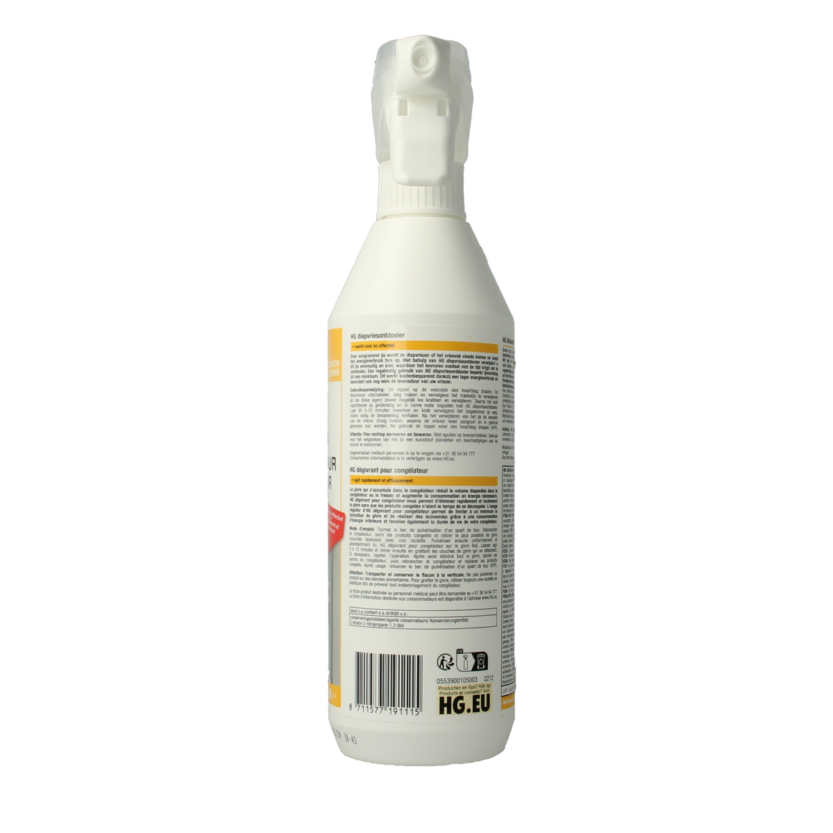 HG Diepvries ontdooier, 500ml, a cleaning product in a clear bottle with a white cap, designed for freezer defrosting.