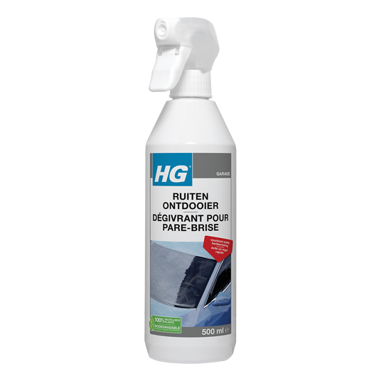 HG Ruitenontdooier 500 ml cleaning spray for windows and glass surfaces, with a spray nozzle for easy application.