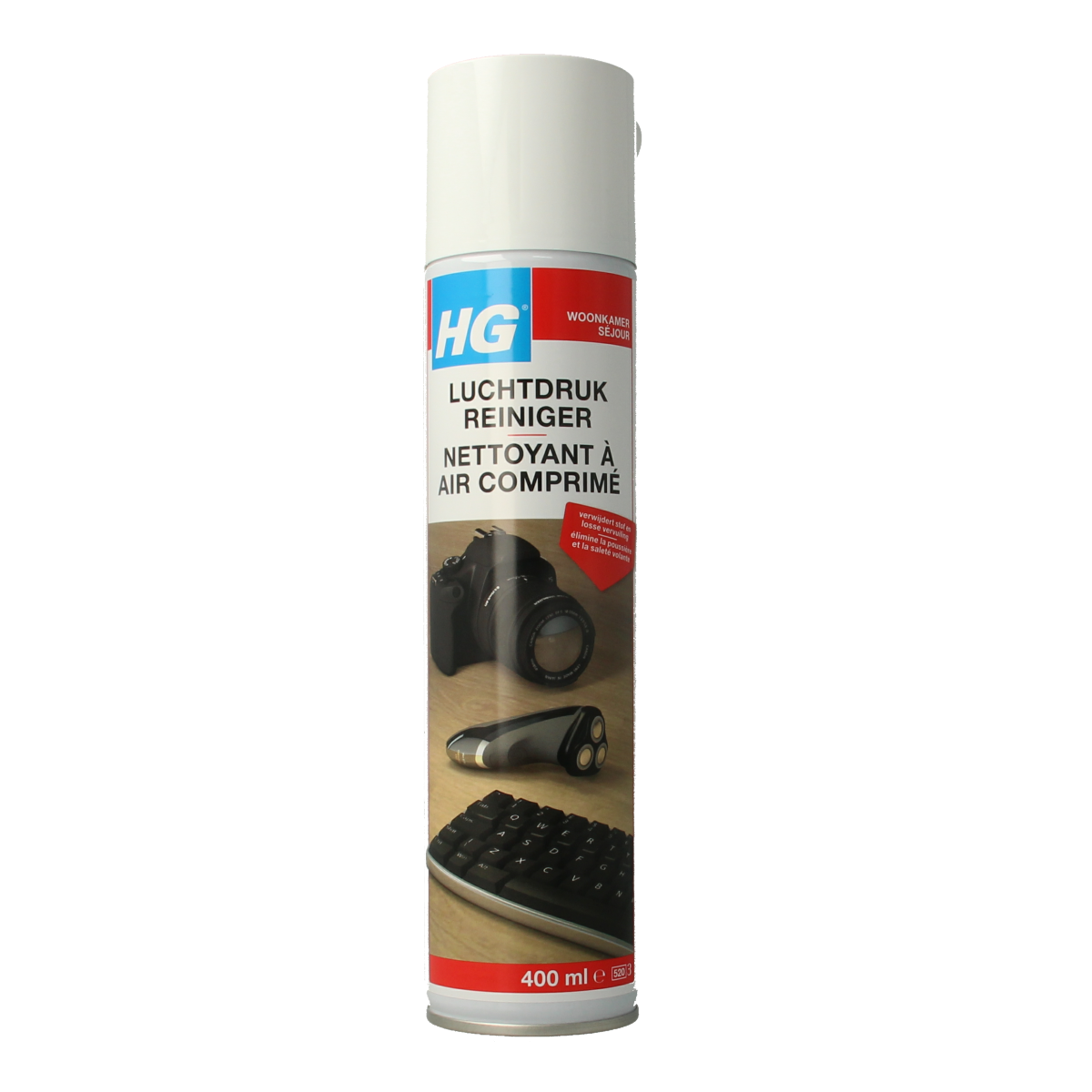 HG Luchtdrukreiniger 400ml spray bottle for cleaning surfaces and removing dust, part of HG schoonmaakartikelen collection.