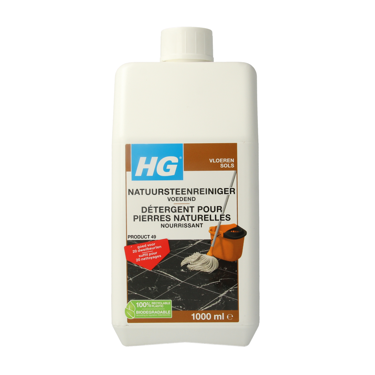 HG Natuursteen reiniger voedend 1 liter, natural stone cleaner and conditioner, shown in a 1-liter bottle with cleaning spray nozzle.
