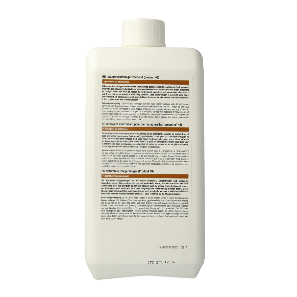 HG Natuursteen reiniger voedend 1 liter, natural stone cleaner and conditioner, shown in a spray bottle with natural stone surfaces.