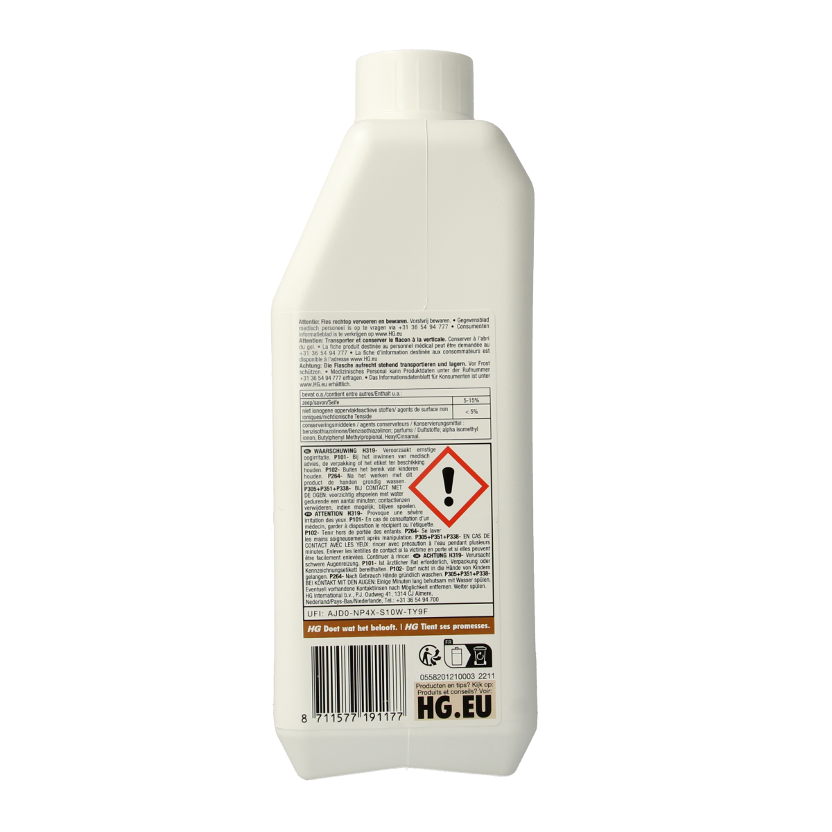 HG Natuursteen reiniger voedend in 1 liter bottle, natural stone cleaner for maintenance and nourishment of stone surfaces.