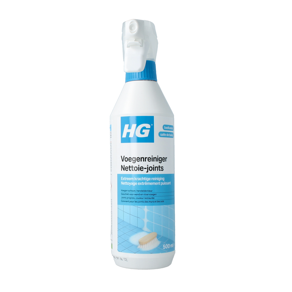 HG Voegenreiniger 500ml bottle of grout cleaner with spray nozzle, ideal for cleaning and brightening tiled grout lines.