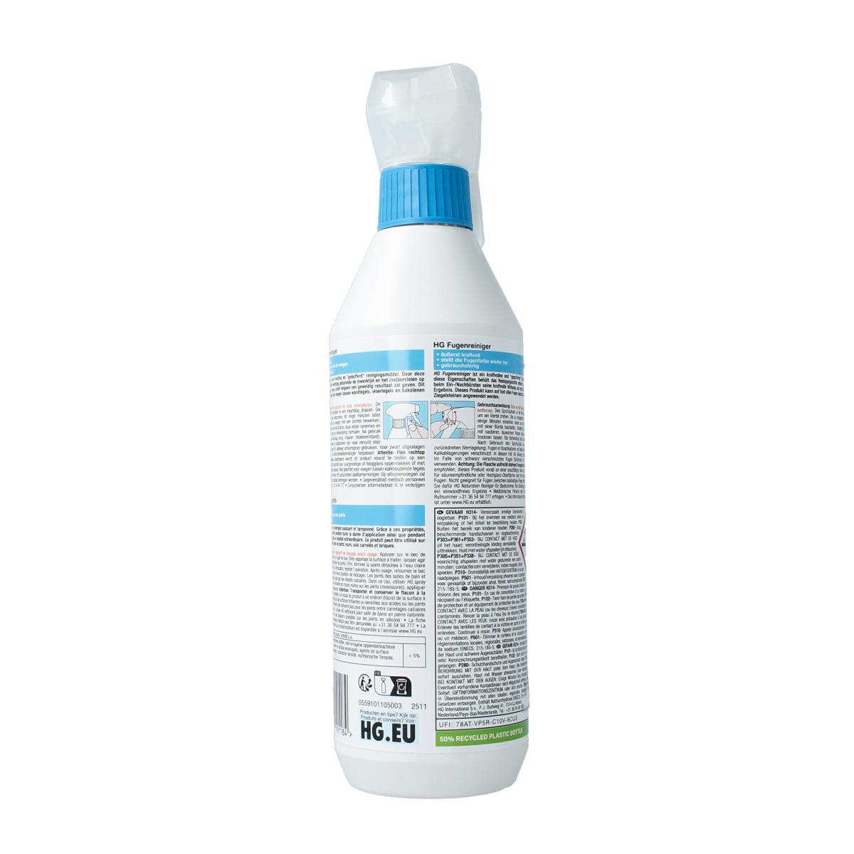 HG Voegenreiniger 500ml cleaning spray for grout and tile joints, in a spray bottle with a white cap and label.