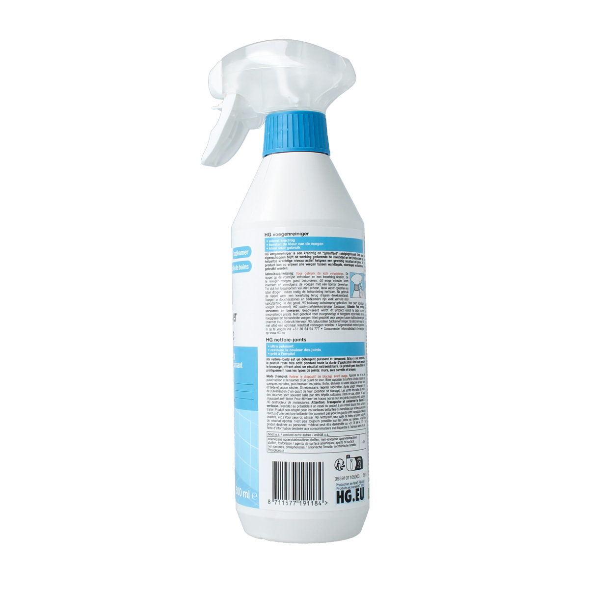 HG Voegenreiniger 500ml cleaning product for grout and tiles, with a spray nozzle for easy application in cleaning tasks.