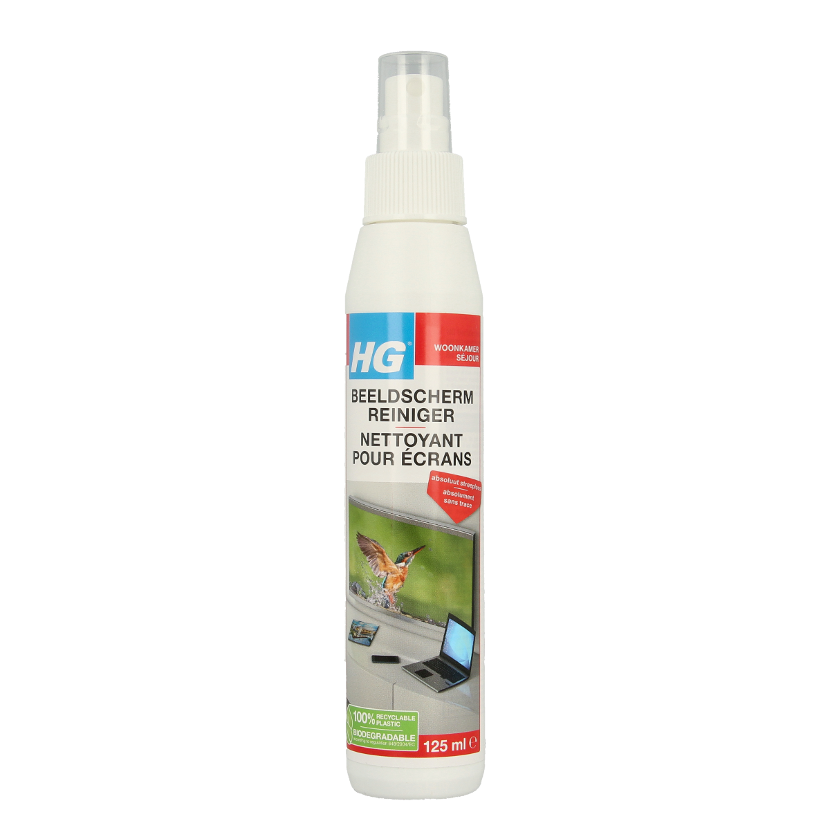 HG Beeldschermreiniger 125ml, a cleaning spray for screens, shown in a clear bottle with a spray nozzle for easy use.