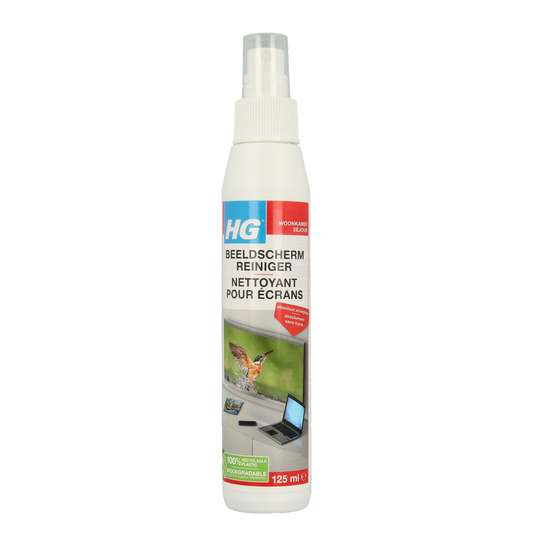 HG Beeldschermreiniger 125ml, a cleaning spray for screens, shown in a clear bottle with a spray nozzle for easy use.