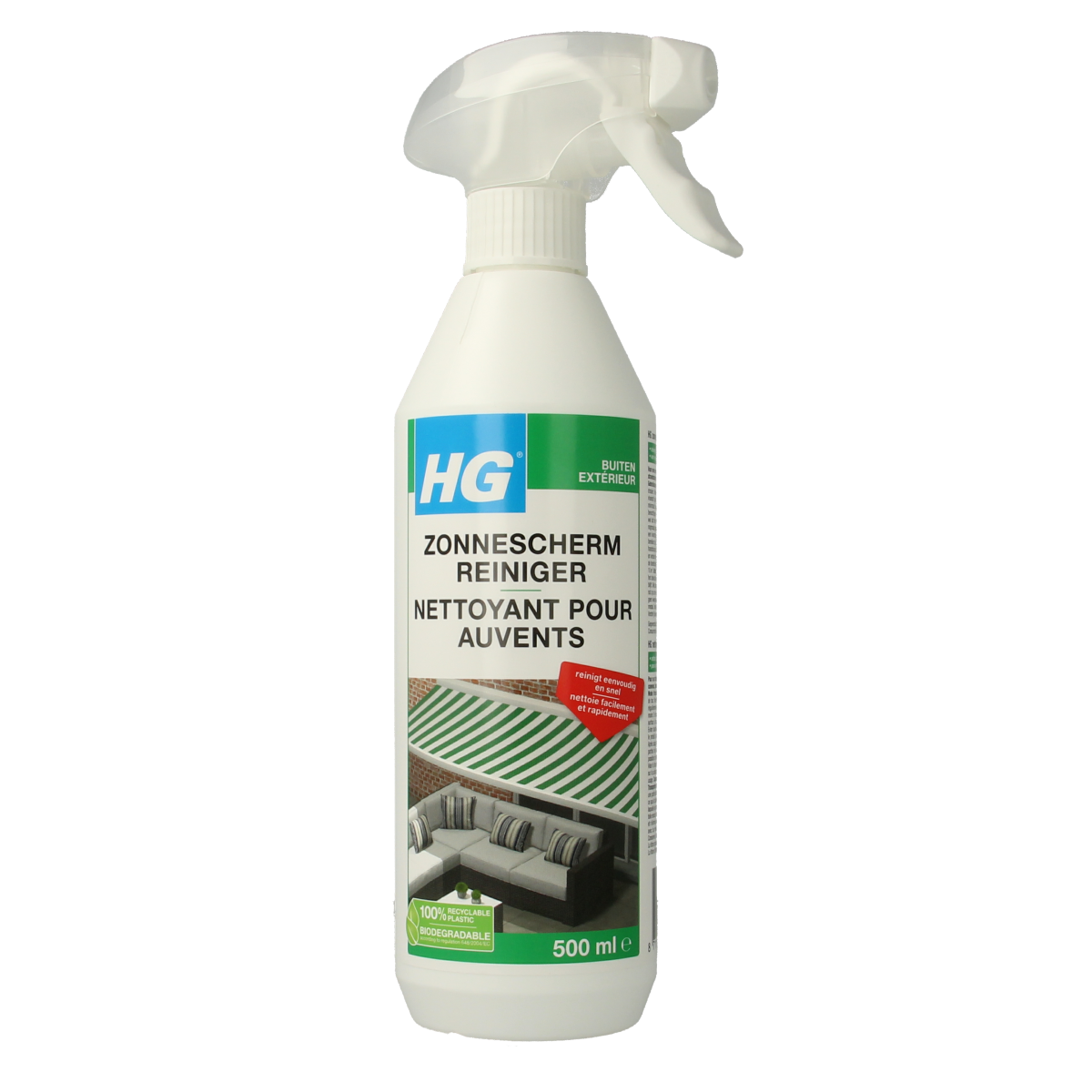 HG Zonnescherm reiniger 500ml cleaning product for sunshade screens, designed to remove dirt and grime effectively.