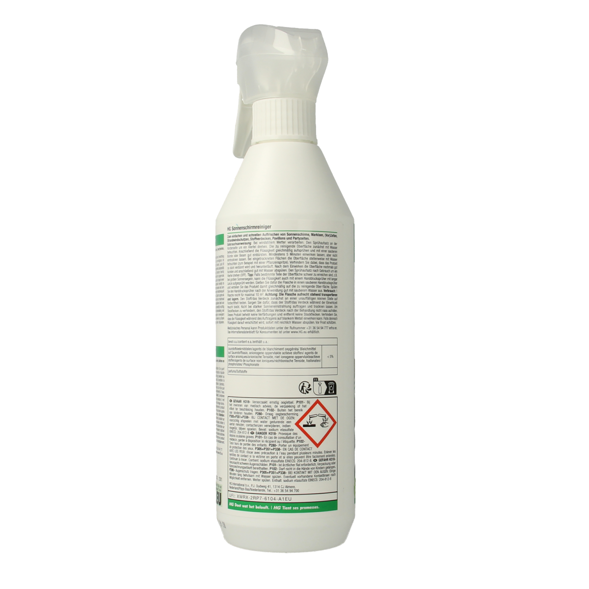 HG Zonnescherm reiniger spray for cleaning sunshades and awnings, 500ml, in a spray bottle.