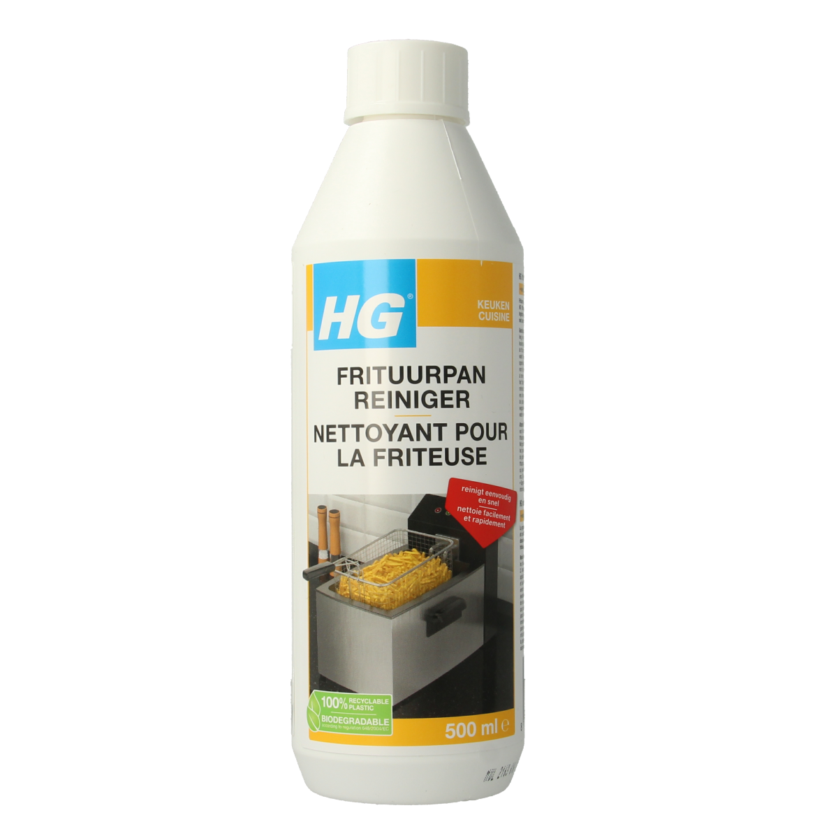 HG Frituurpan reiniger 500ml in spray bottle, cleaning product for deep-frying pans and kitchen appliances.