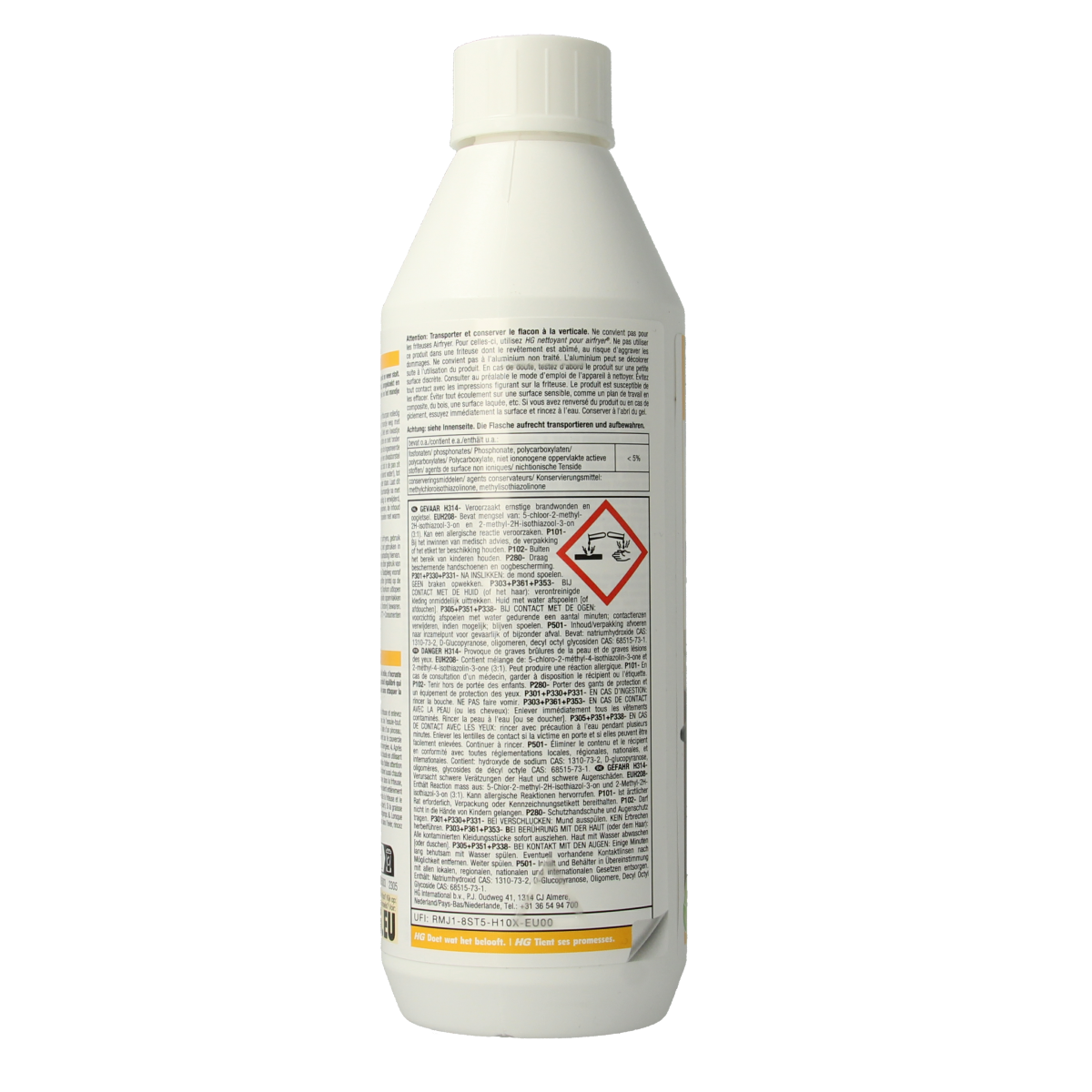 HG Frituurpan reiniger 500ml, a cleaning product for deep cleaning deep fryers and kitchen appliances.