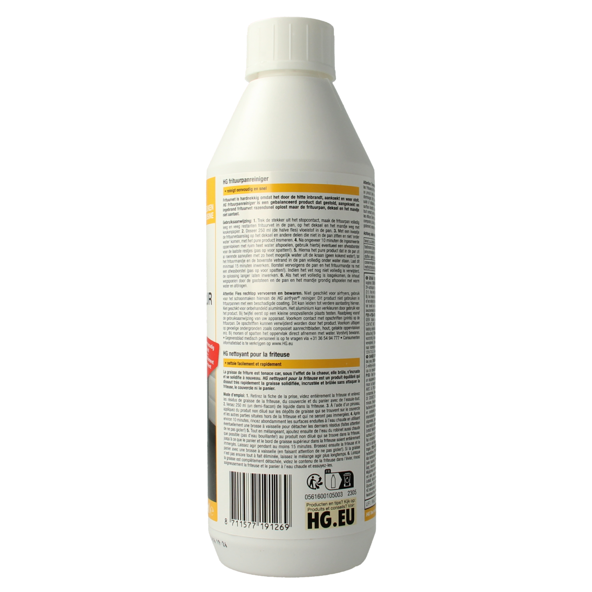 HG Frituurpan reiniger 500 ml in a spray bottle, ideal for cleaning deep-fryer residues and grease buildup.