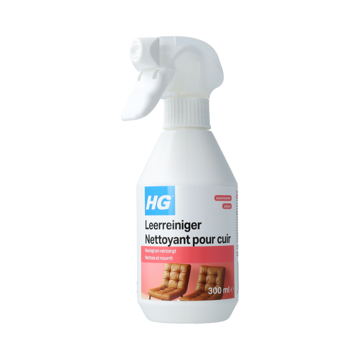 HG Leerreiniger 300ml bottle for cleaning leather furniture, showing the product with a white spray nozzle and clear liquid inside.