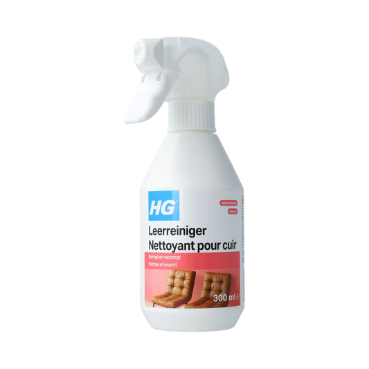 HG Leerreiniger 300ml bottle for cleaning leather furniture, showing the product with a white spray nozzle and clear liquid inside.
