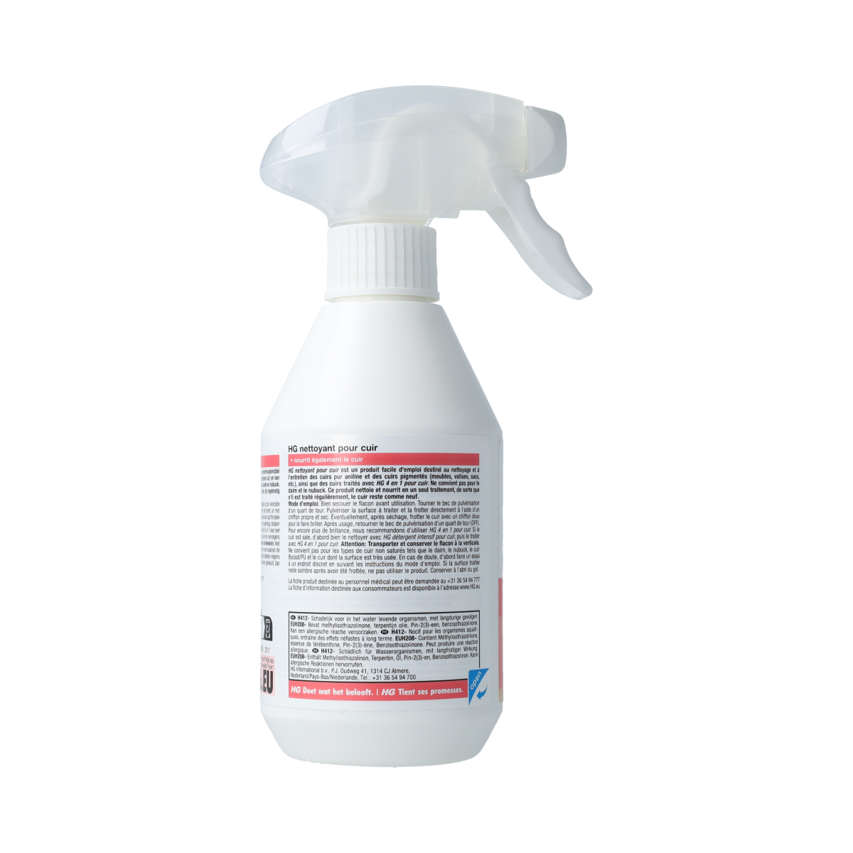 HG Leerreiniger 300ml, cleaning spray for leather furniture, showing the bottle with spray nozzle and leather surface.