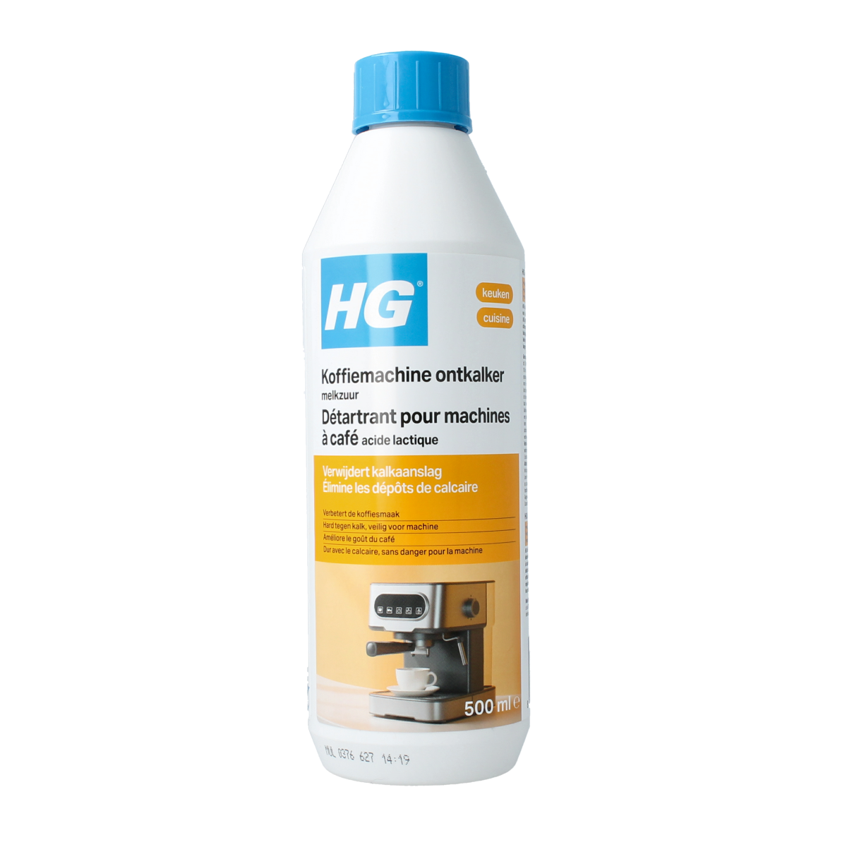 HG Koffiemachine ontkalker melkzuur cleaner for coffee machines, 500ml bottle, ideal for descaling and maintenance.