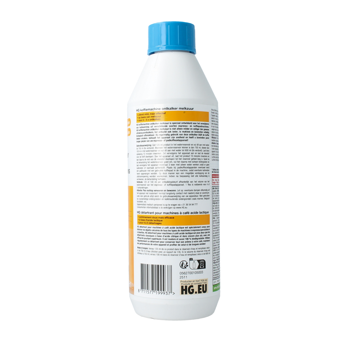 HG Koffiemachine ontkalker melkzuur in een 500ml fles, geschikt voor het reinigen van koffiezetapparaten en schoonmaakartikelen