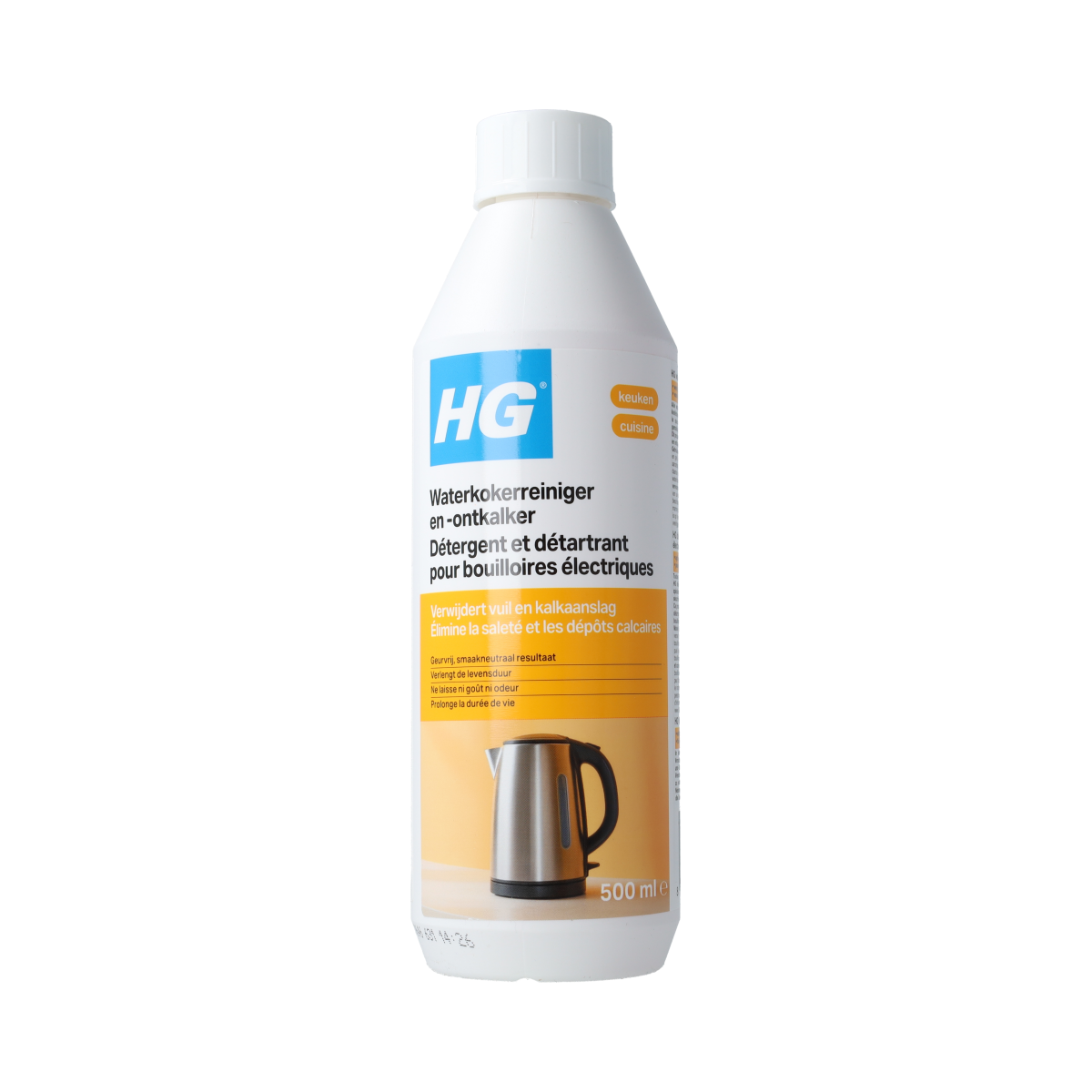 HG water kettle cleaner and descaler 500ml bottle, effective for removing limescale from electric kettles.