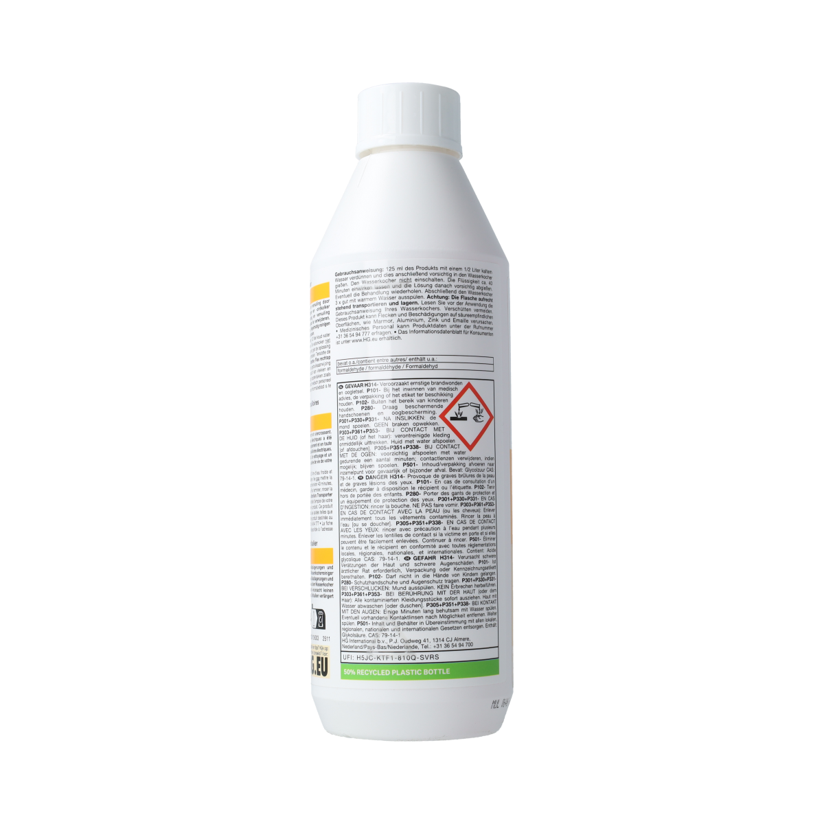 HG Waterkokerreiniger en ontkalker, 500 ml, cleaning product for kettles, with a clear bottle showing the liquid inside.