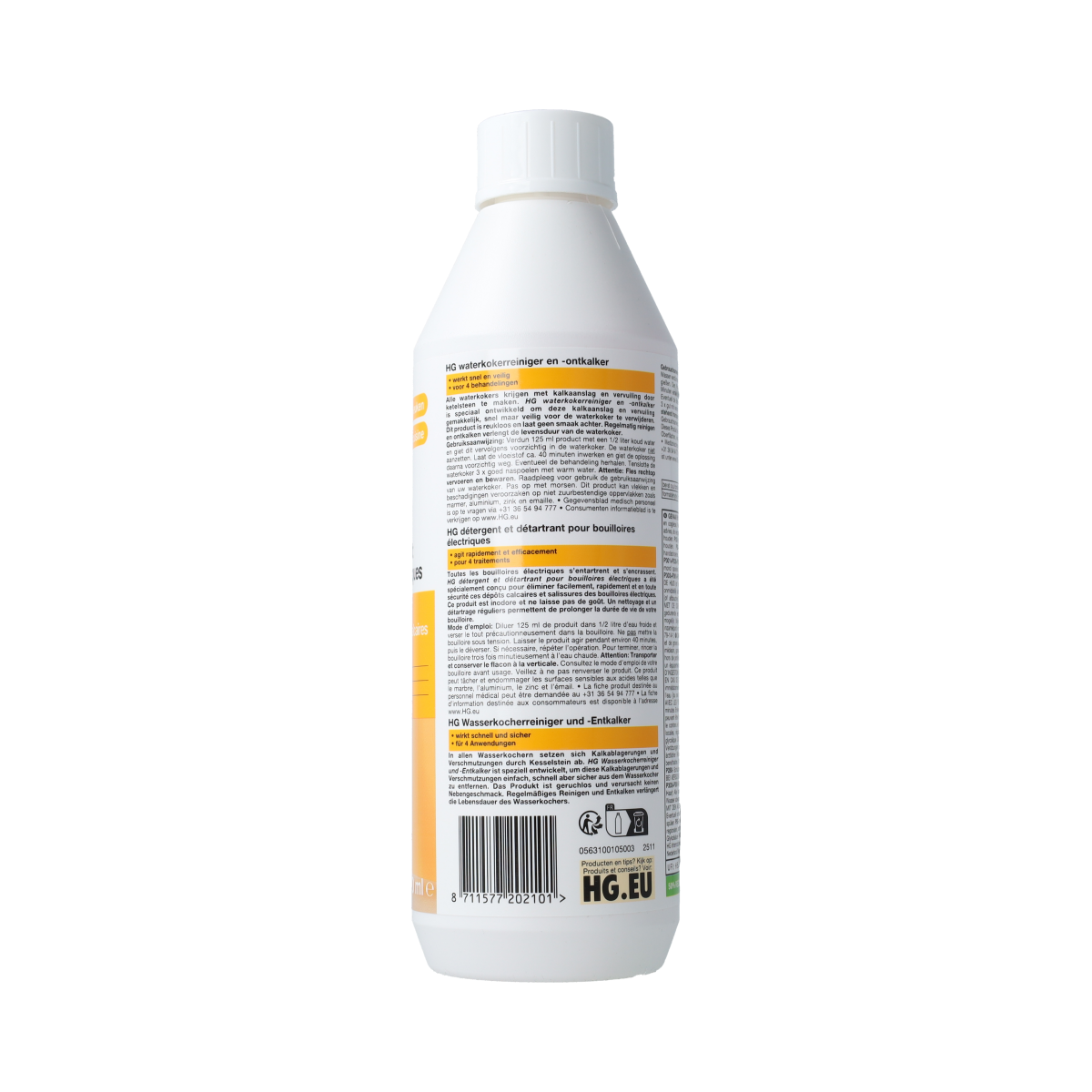 HG Waterkokerreiniger en -ontkalker 500ml bottle, cleaning product for descaling and cleaning water kettles, in a clear plastic bottle.