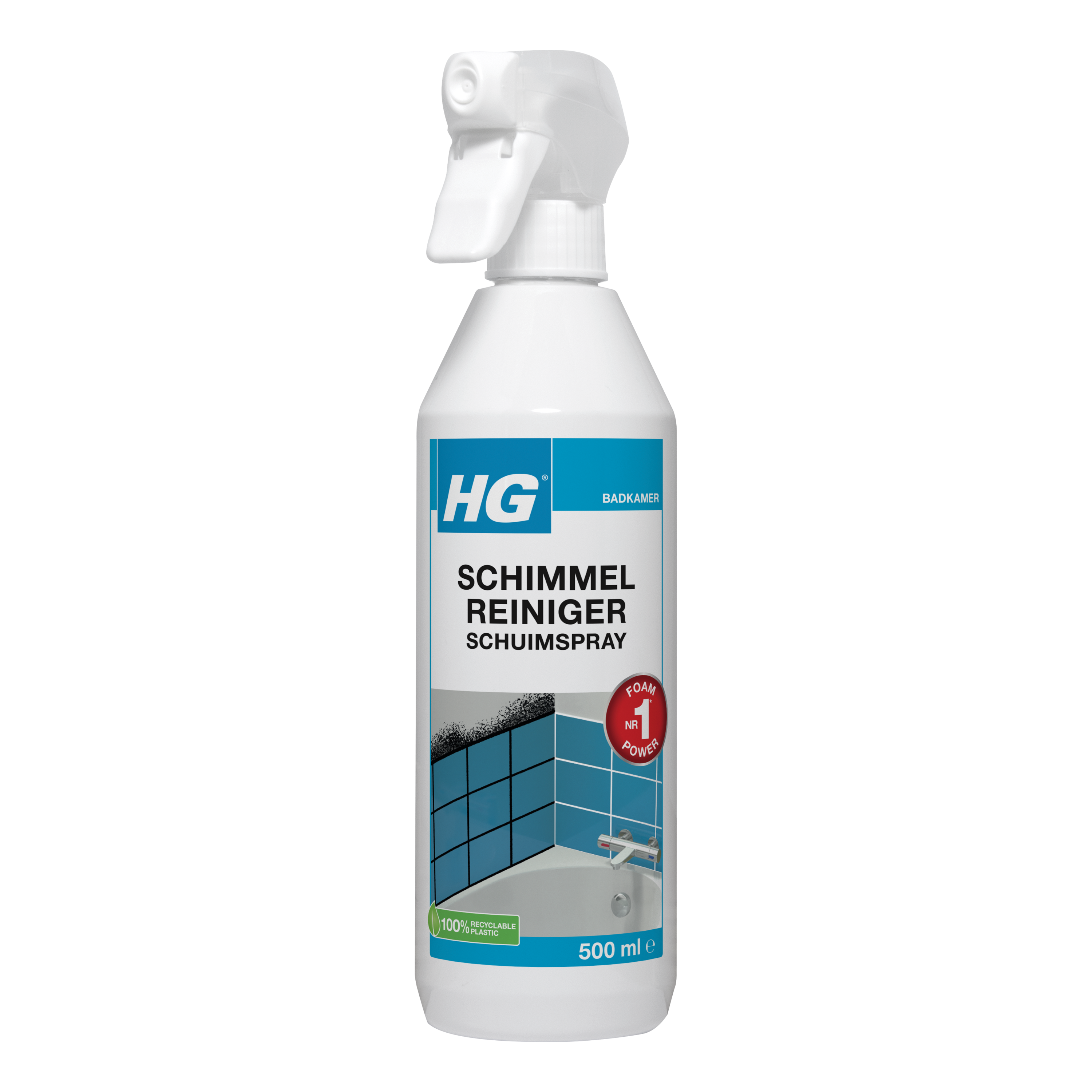 HG Schimmelreiniger schuimspray in 500ml bottle, cleaning mold and mildew from bathroom surfaces with foam spray.