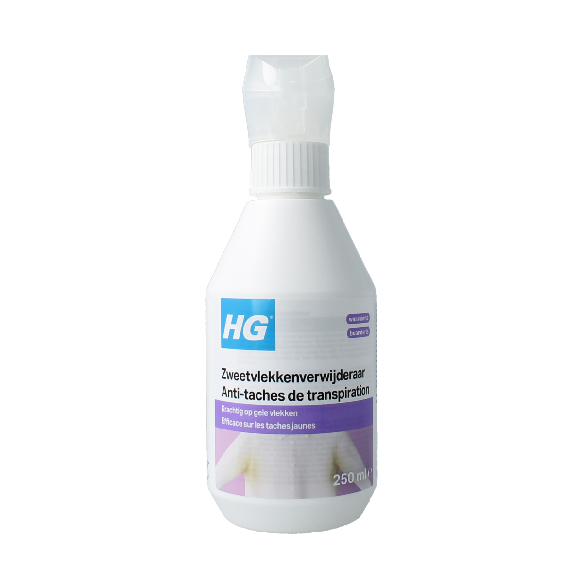 HG Zweetvlekken verwijderaar bottle, 250ml, cleaning product for removing sweat stains from fabrics and clothing.