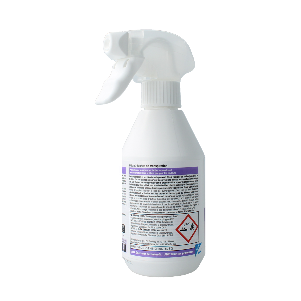 HG Zweetvlekken verwijderaar in 250ml bottle, a cleaning product for removing sweat stains from fabrics.