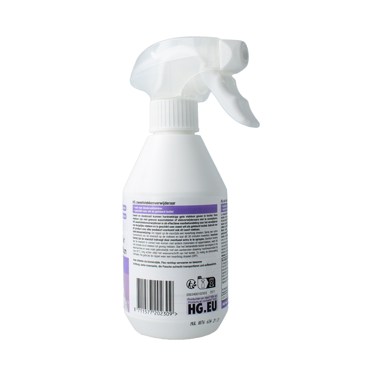 HG Zweetvlekken verwijderaar in 250ml bottle, a cleaning product for removing sweat stains from fabrics.