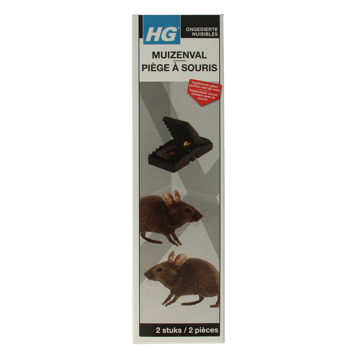 HG HG X muizenval pesticide, set of 2 traps for mice control, shown in the image with trap details and brand logo.