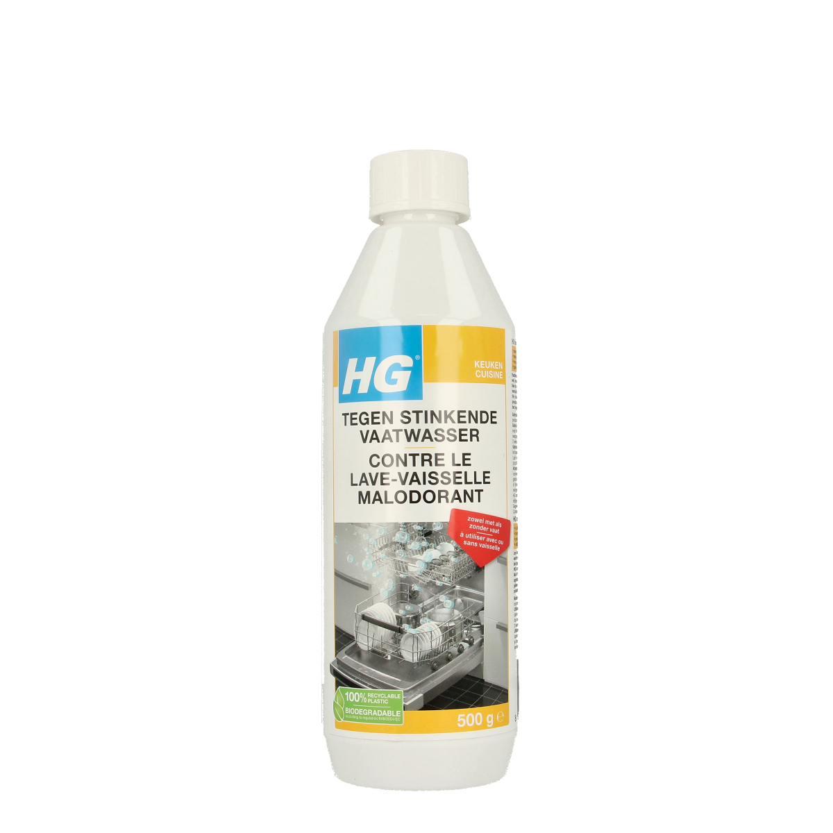 HG Tegen Stinkende Vaatwasser cleaner in a 500g container, designed to eliminate odors from dishwashers.
